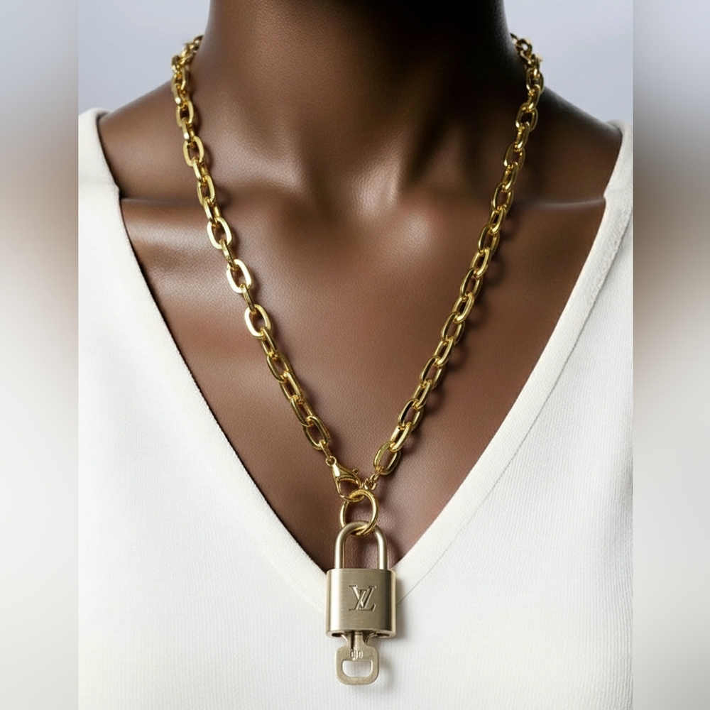 Authentic Louis Vuitton Gold Padlock with Unbranded Stainless Gold Plated Chain